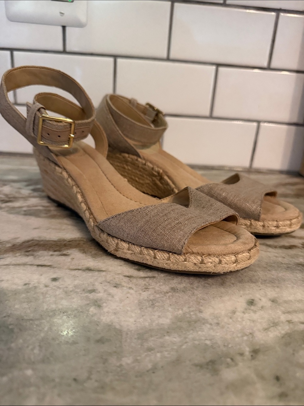 Lands' End Tan Espadrille Wedge Sandals with Ankle Strap